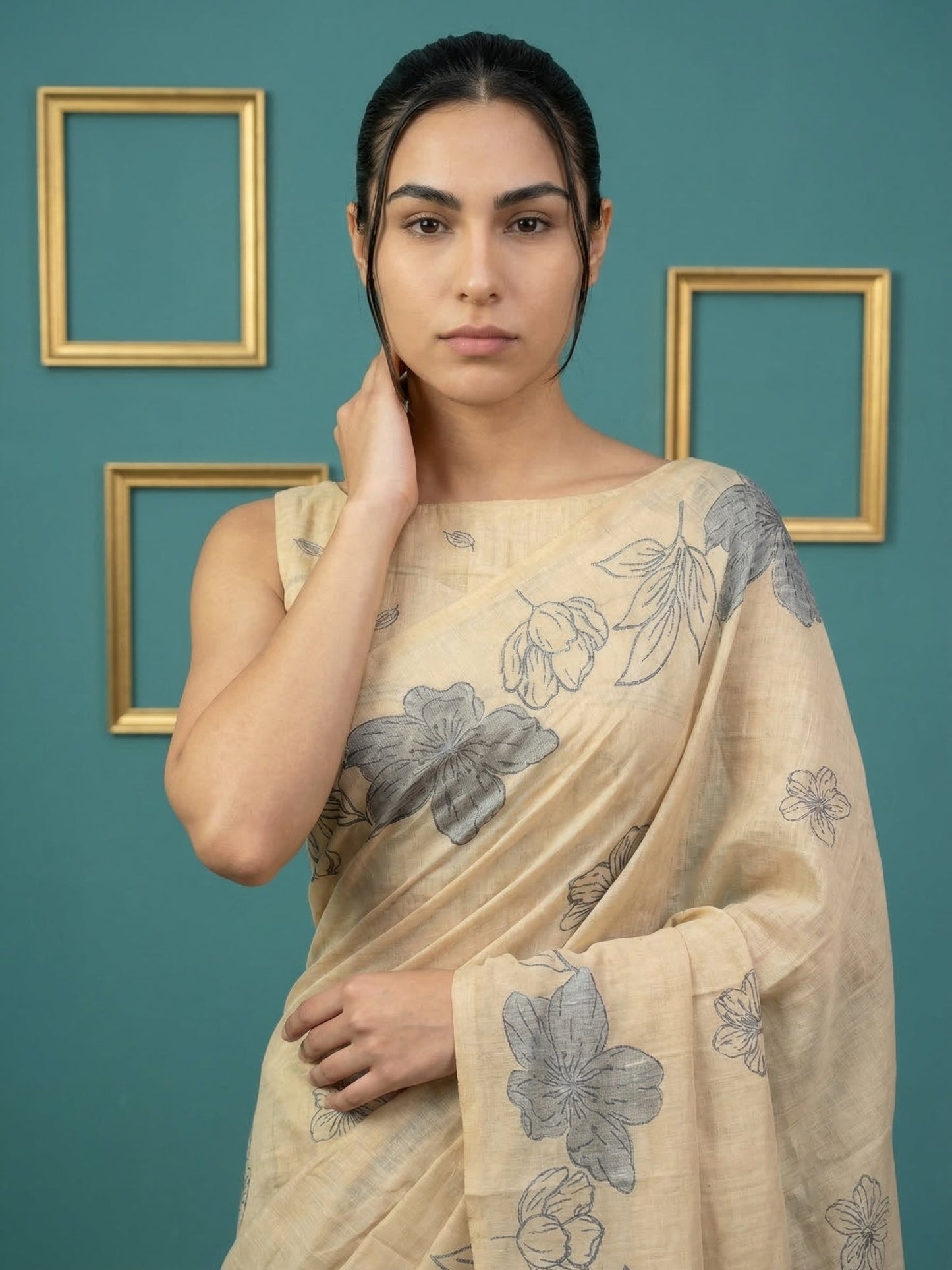 Chickoo Soft Muga Cotton Saree with Resham Weaving Butties & Floral Pencil Art Pallu