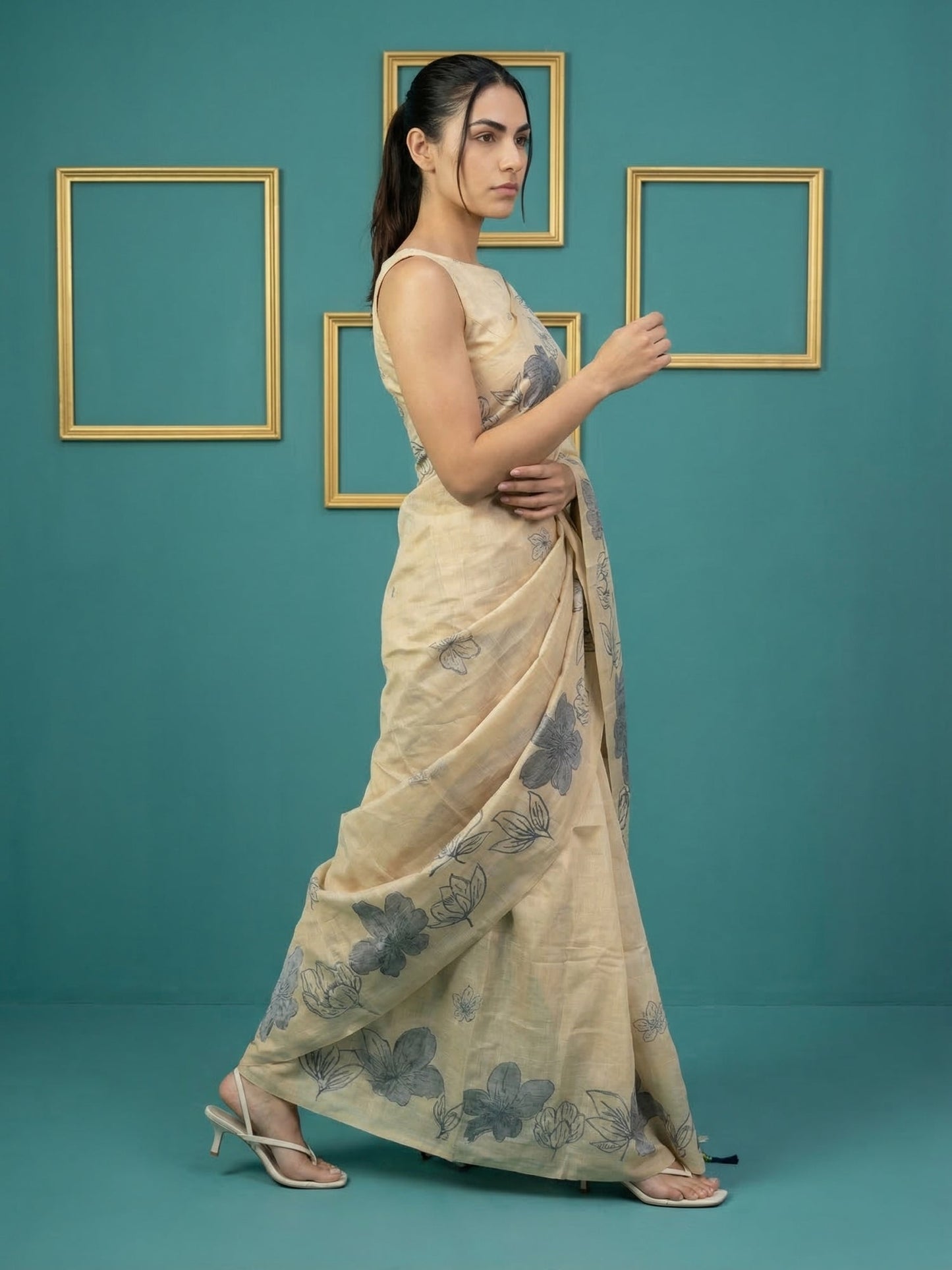 Chickoo Soft Muga Cotton Saree with Resham Weaving Butties & Floral Pencil Art Pallu