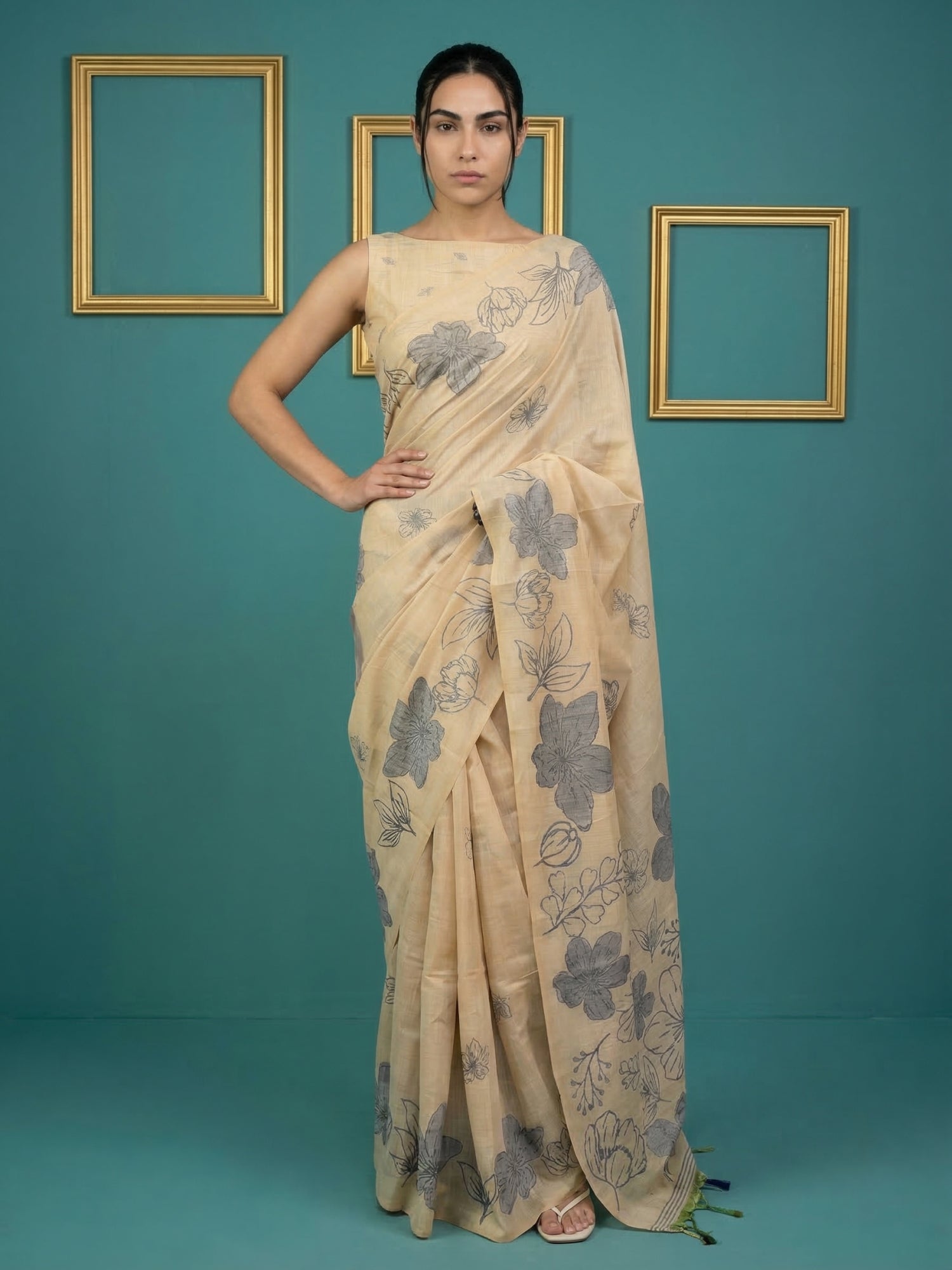 Chickoo Soft Muga Cotton Saree with Resham Weaving Butties & Floral Pencil Art Pallu