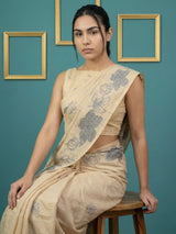 Chickoo Soft Muga Cotton Saree with Resham Weaving Butties & Floral Pencil Art Pallu