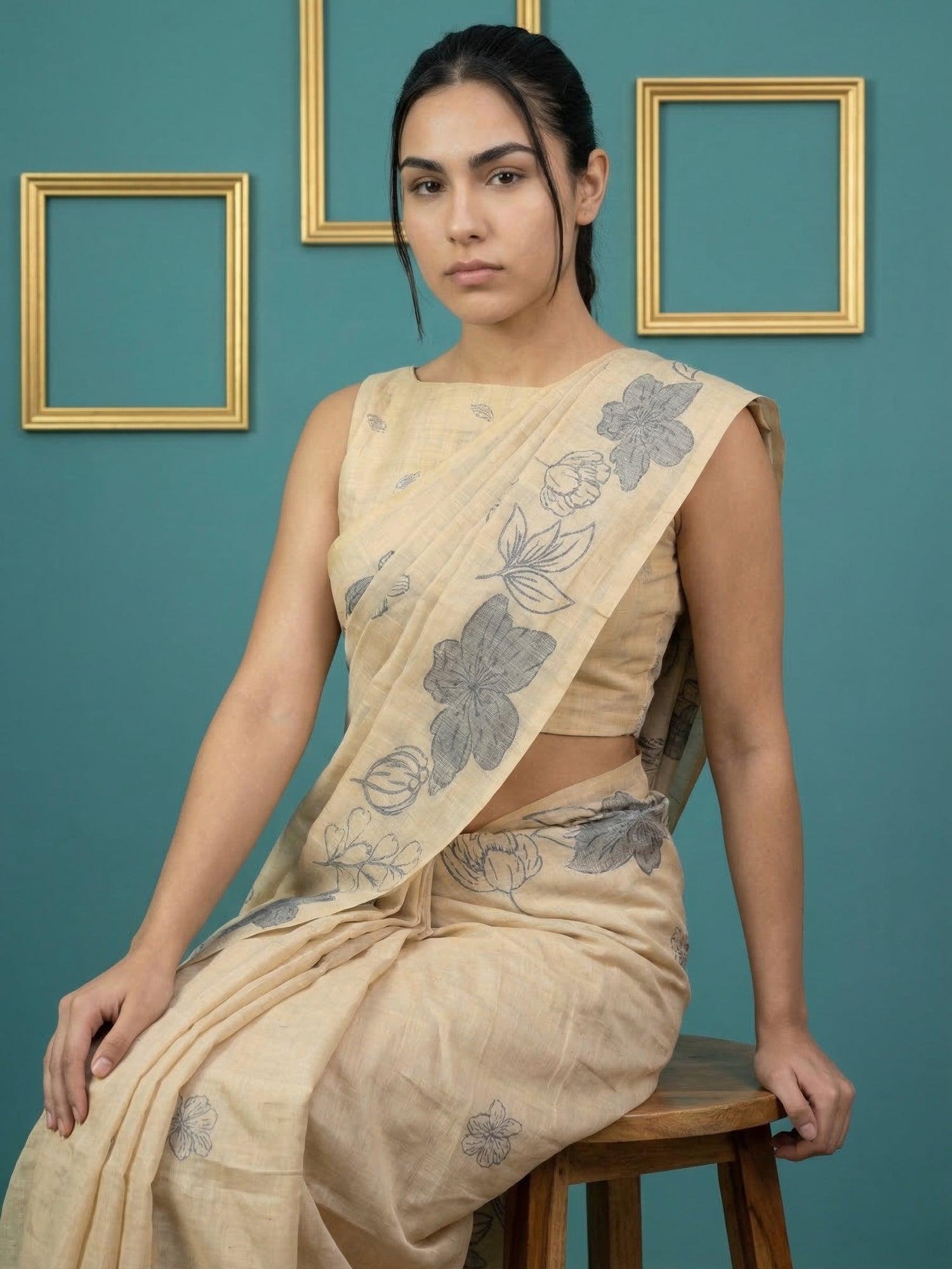 Chickoo Soft Muga Cotton Saree with Resham Weaving Butties & Floral Pencil Art Pallu