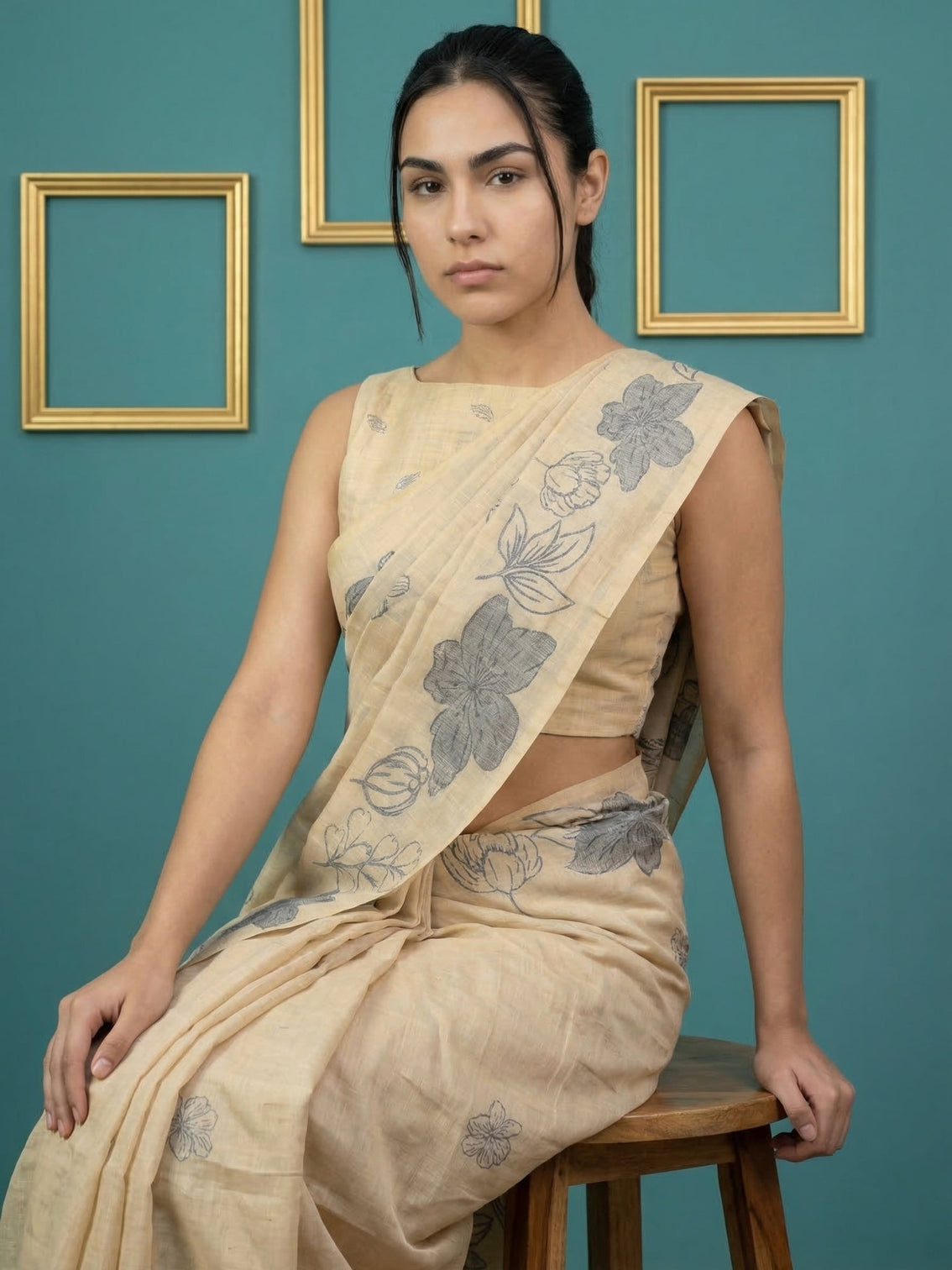 Chikoo muga cotton saree with pencil art design
