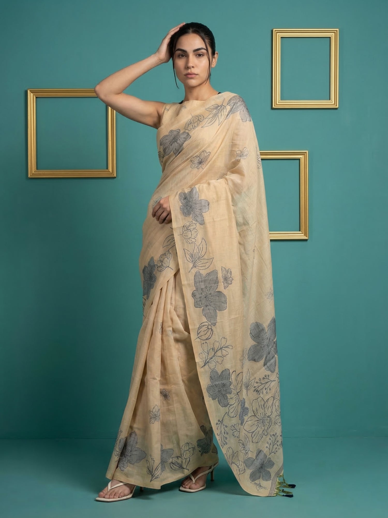 Chickoo Soft Muga Cotton Saree with Resham Weaving Butties & Floral Pencil Art Pallu