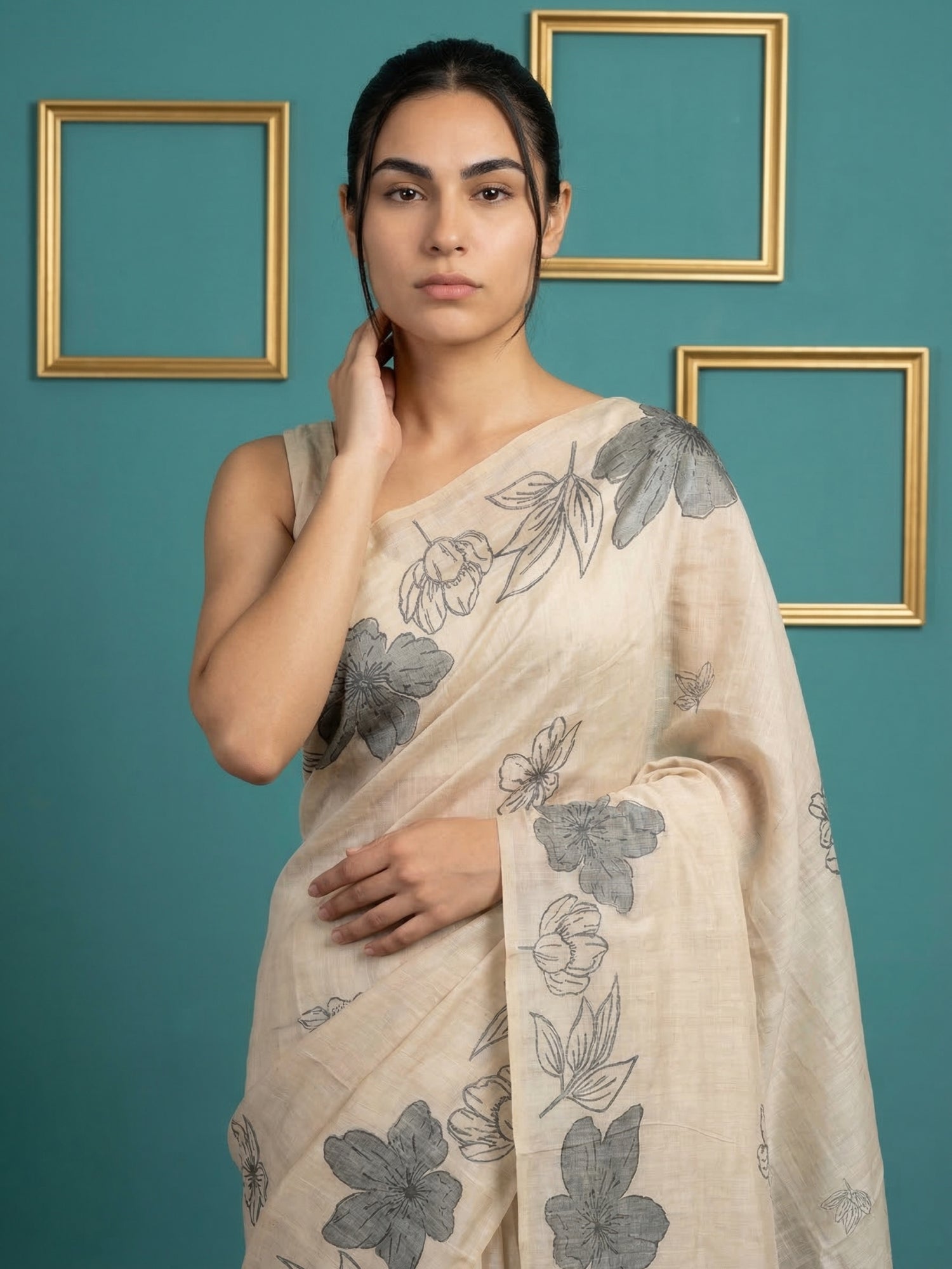 White Soft Muga Cotton Saree with Resham Weaving Butties & Floral Pencil Art Pallu