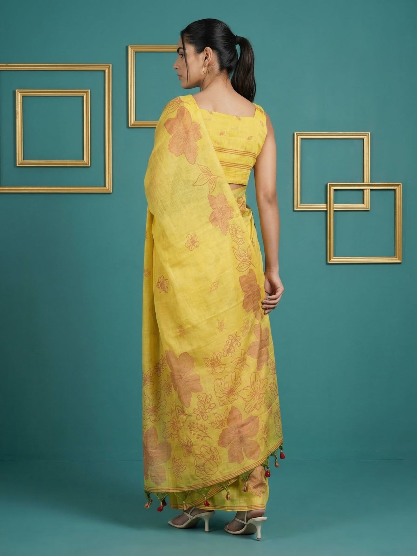 Yellow Soft Muga Cotton Saree with Resham Weaving Butties & Floral Pencil Art Pallu