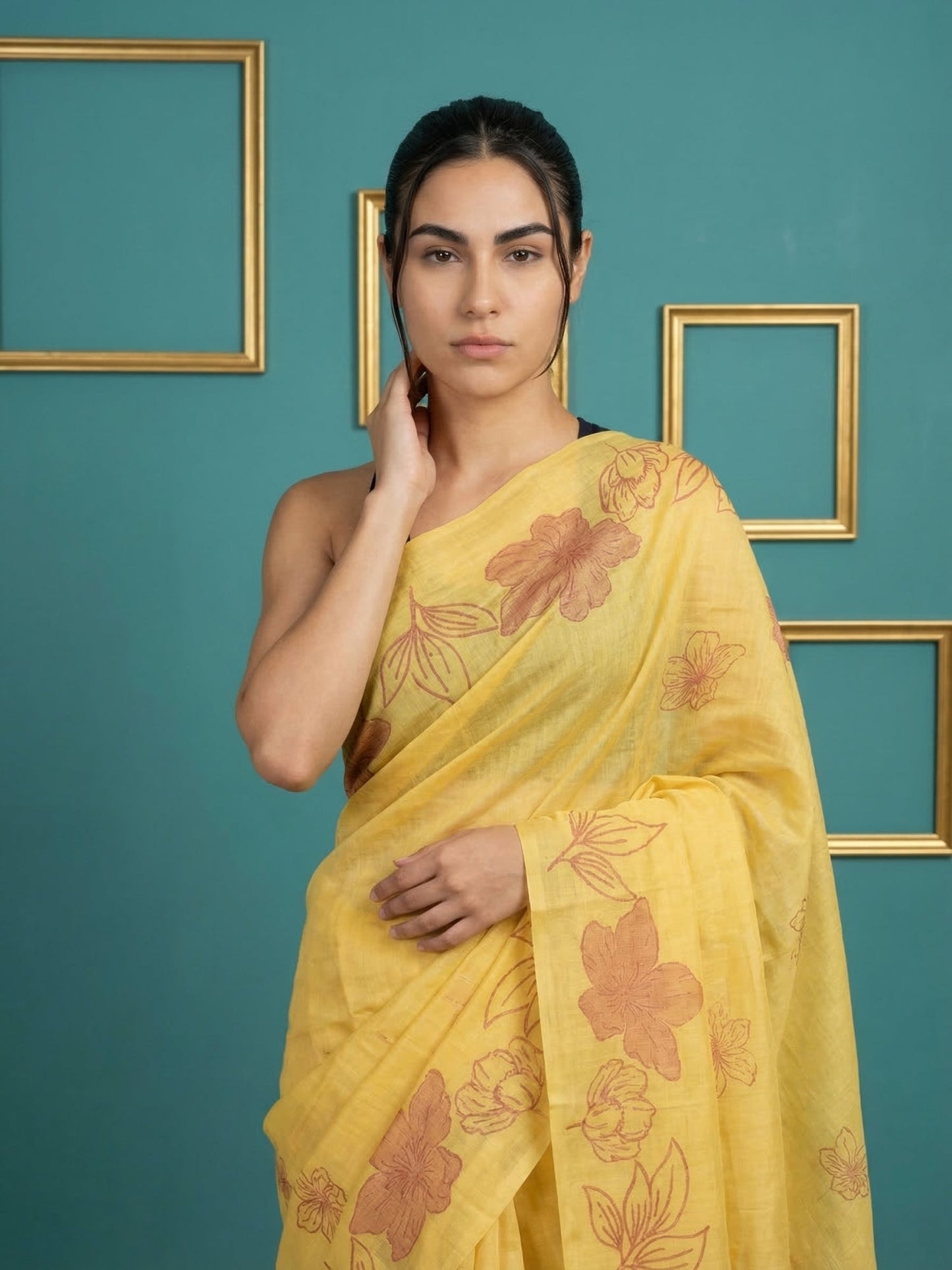 Yellow Soft Muga Cotton Saree with Resham Weaving Butties & Floral Pencil Art Pallu