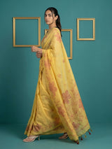 Yellow Soft Muga Cotton Saree with Resham Weaving Butties & Floral Pencil Art Pallu