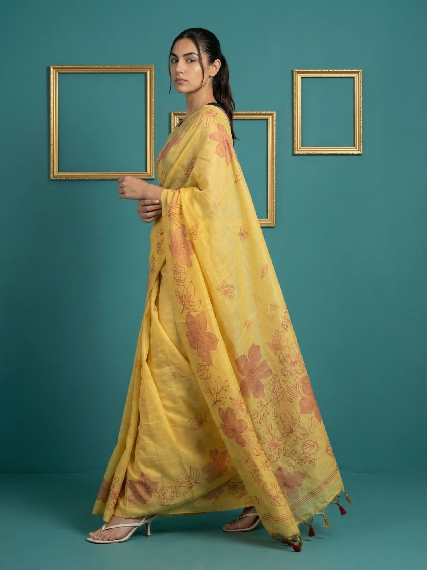 Yellow Soft Muga Cotton Saree with Resham Weaving Butties & Floral Pencil Art Pallu