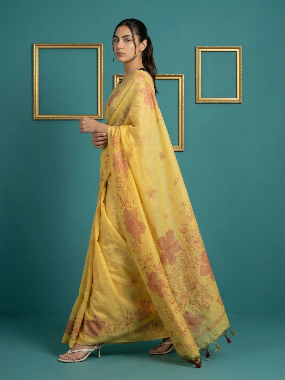 Yellow festive muga cotton saree with pencil art design