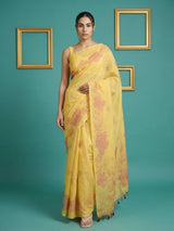 Yellow Soft Muga Cotton Saree with Resham Weaving Butties & Floral Pencil Art Pallu