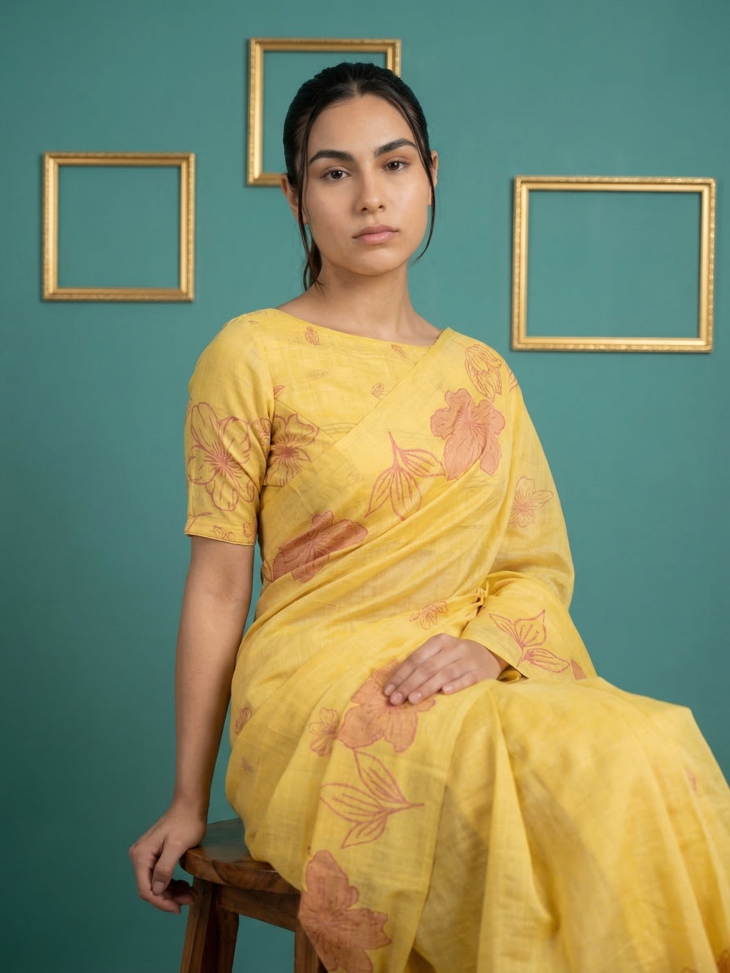 Yellow Soft Muga Cotton Saree with Resham Weaving Butties & Floral Pencil Art Pallu