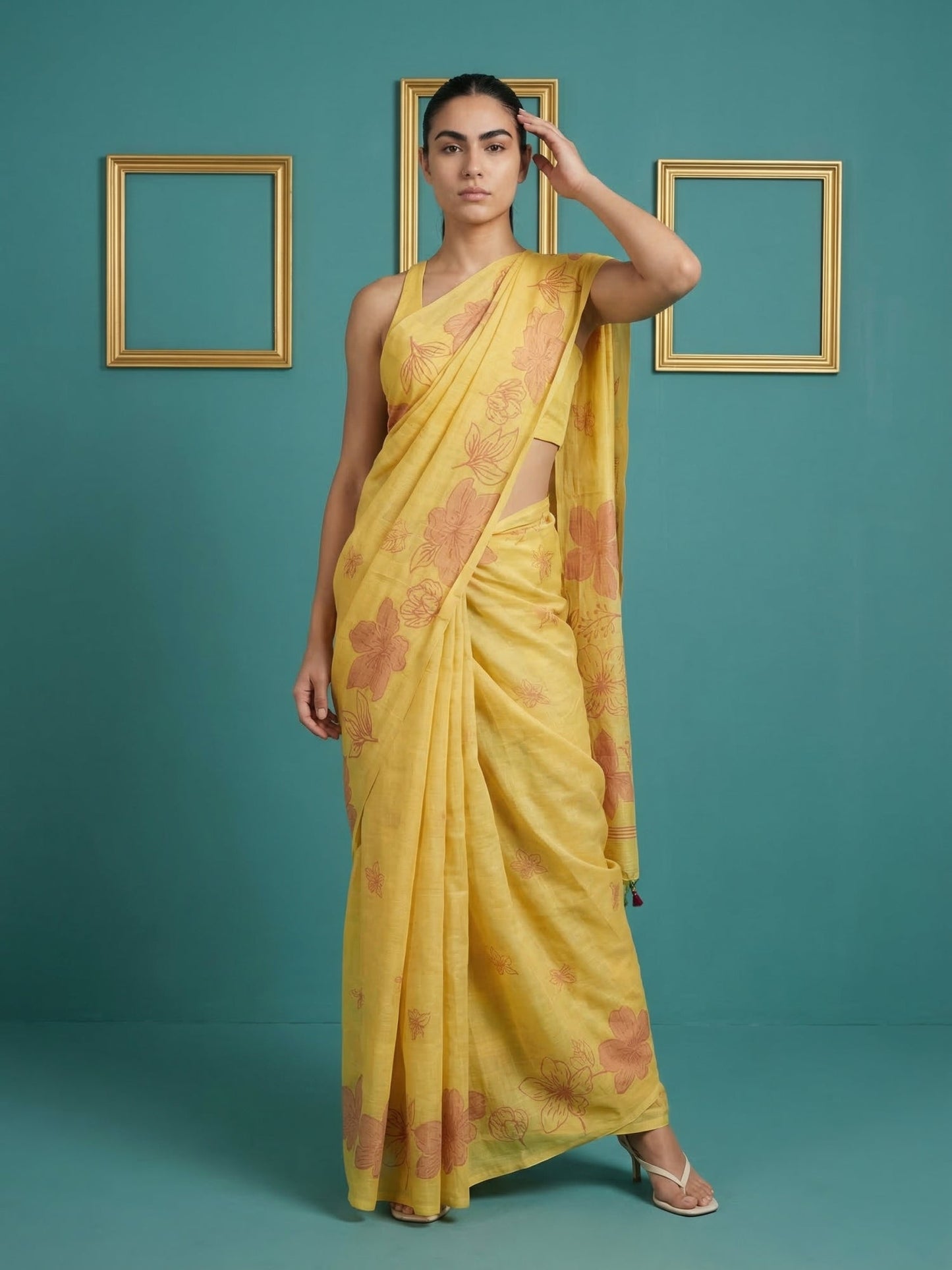 Yellow Soft Muga Cotton Saree with Resham Weaving Butties & Floral Pencil Art Pallu