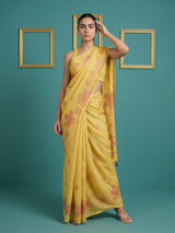 Yellow Soft Muga Cotton Saree with Resham Weaving Butties & Floral Pencil Art Pallu