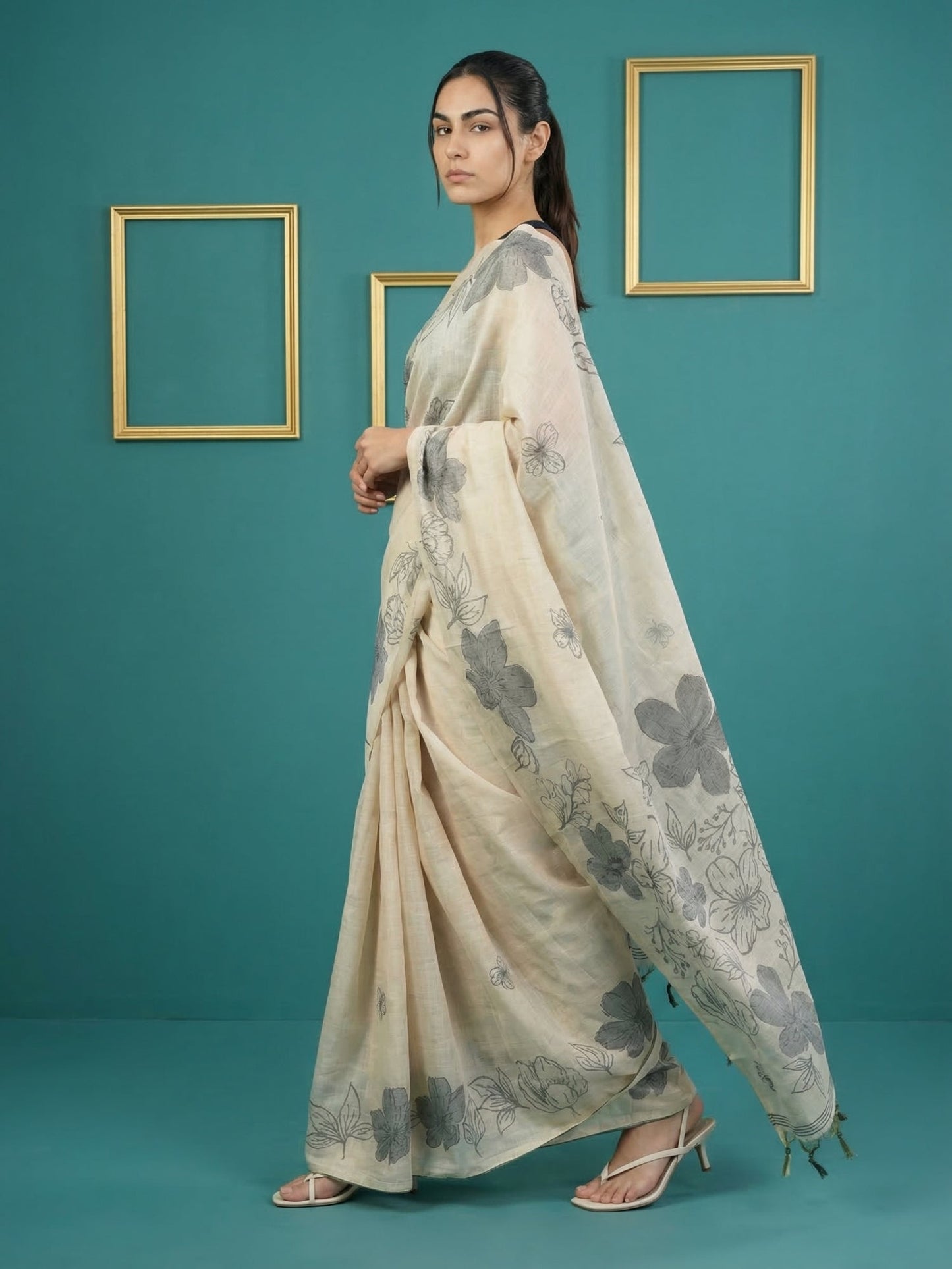 White Soft Muga Cotton Saree with Resham Weaving Butties & Floral Pencil Art Pallu