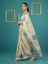 White Soft Muga Cotton Saree with Resham Weaving Butties & Floral Pencil Art Pallu