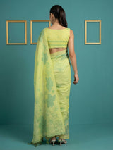 Green Soft Muga Cotton Saree with Resham Weaving Butties & Floral Pencil Art Pallu