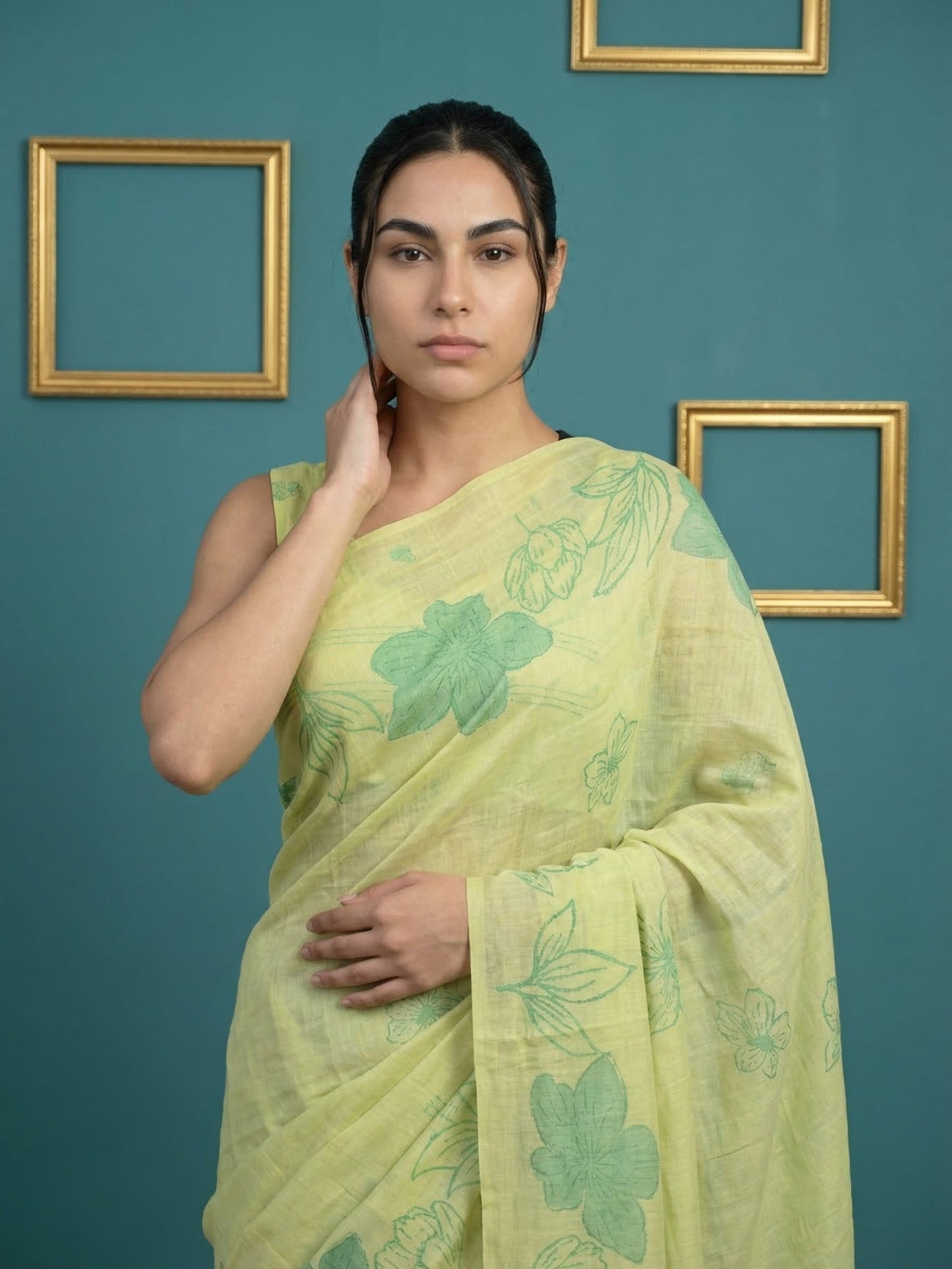 Green Soft Muga Cotton Saree with Resham Weaving Butties & Floral Pencil Art Pallu