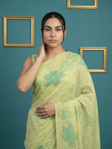 Green Soft Muga Cotton Saree with Resham Weaving Butties & Floral Pencil Art Pallu