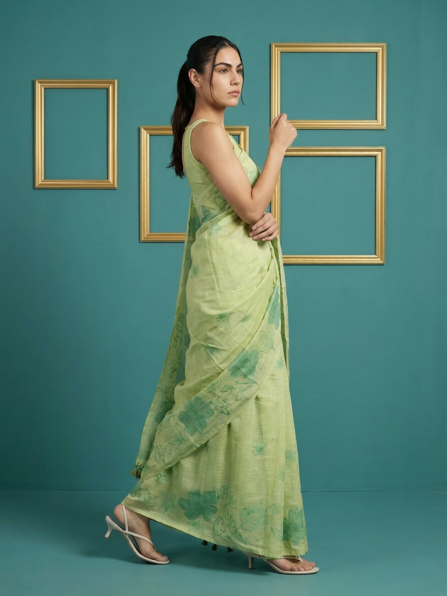 Green Soft Muga Cotton Saree with Resham Weaving Butties & Floral Pencil Art Pallu
