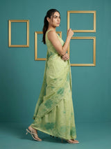 Green Soft Muga Cotton Saree with Resham Weaving Butties & Floral Pencil Art Pallu
