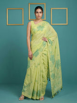 Green Soft Muga Cotton Saree with Resham Weaving Butties & Floral Pencil Art Pallu