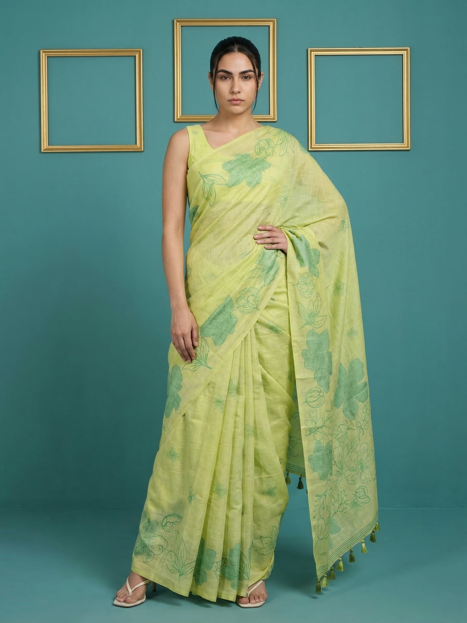 Green Soft Muga Cotton Saree with Resham Weaving Butties & Floral Pencil Art Pallu