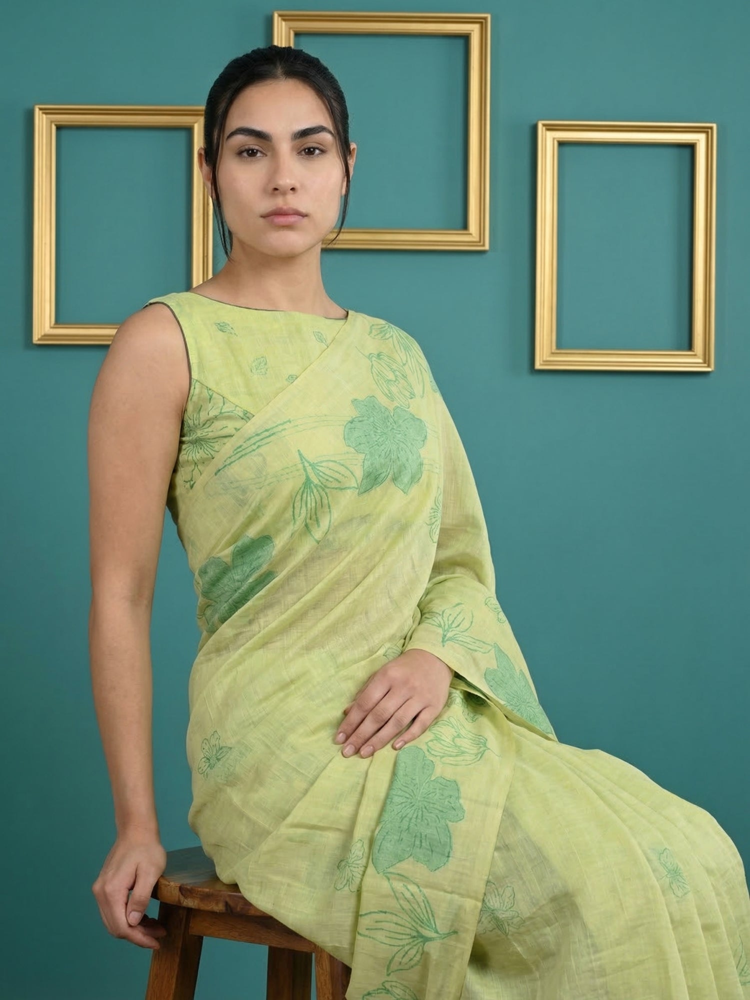 Green Soft Muga Cotton Saree with Resham Weaving Butties & Floral Pencil Art Pallu