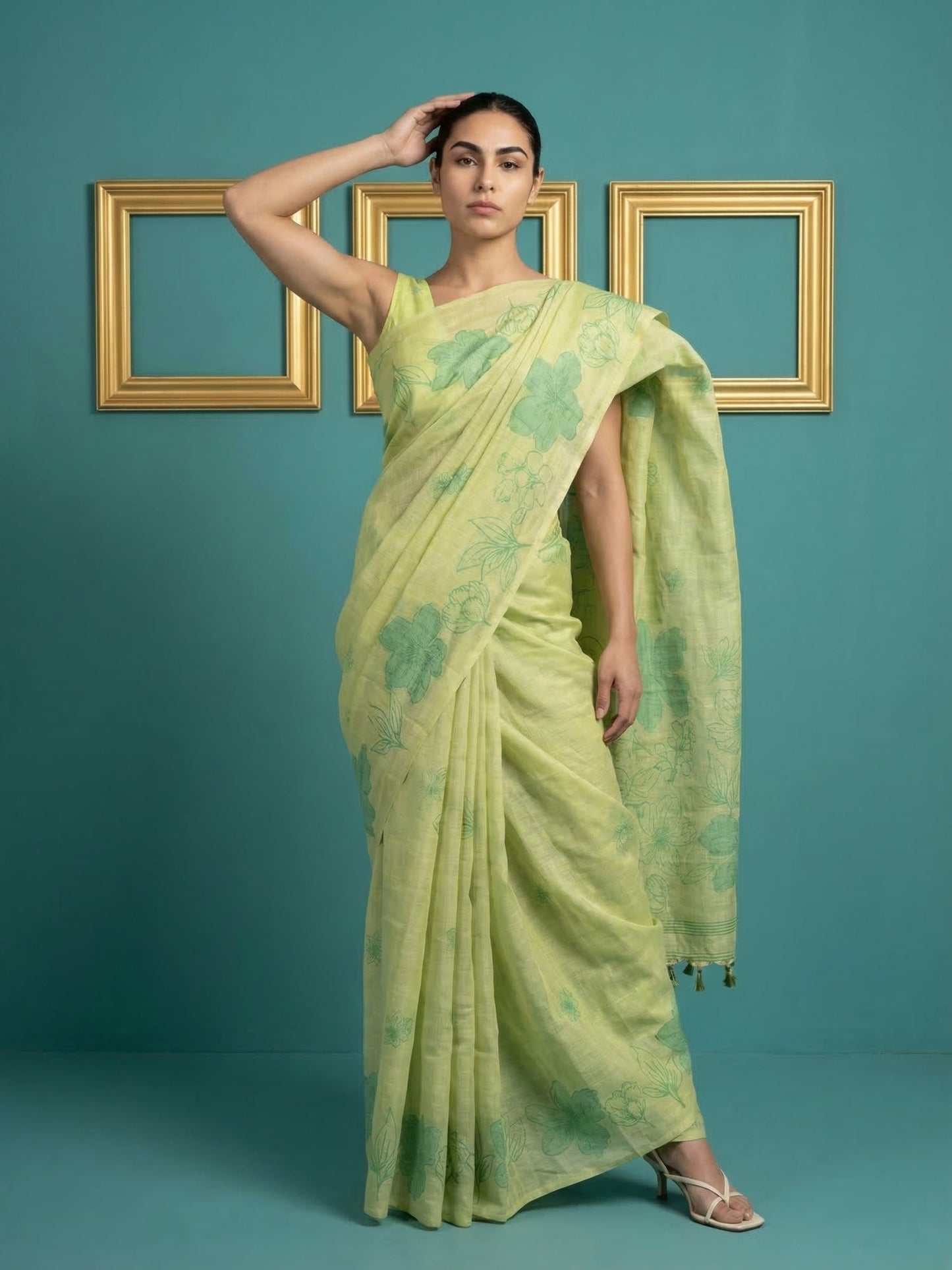 Green Soft Muga Cotton Saree with Resham Weaving Butties & Floral Pencil Art Pallu
