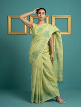 Green Soft Muga Cotton Saree with Resham Weaving Butties & Floral Pencil Art Pallu