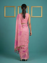 Pink Soft Muga Cotton Saree with Resham Weaving Butties & Floral Pencil Art Pallu