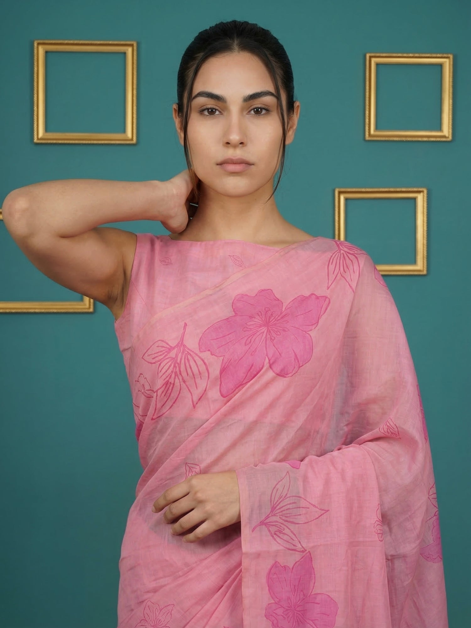 Pink Soft Muga Cotton Saree with Resham Weaving Butties & Floral Pencil Art Pallu