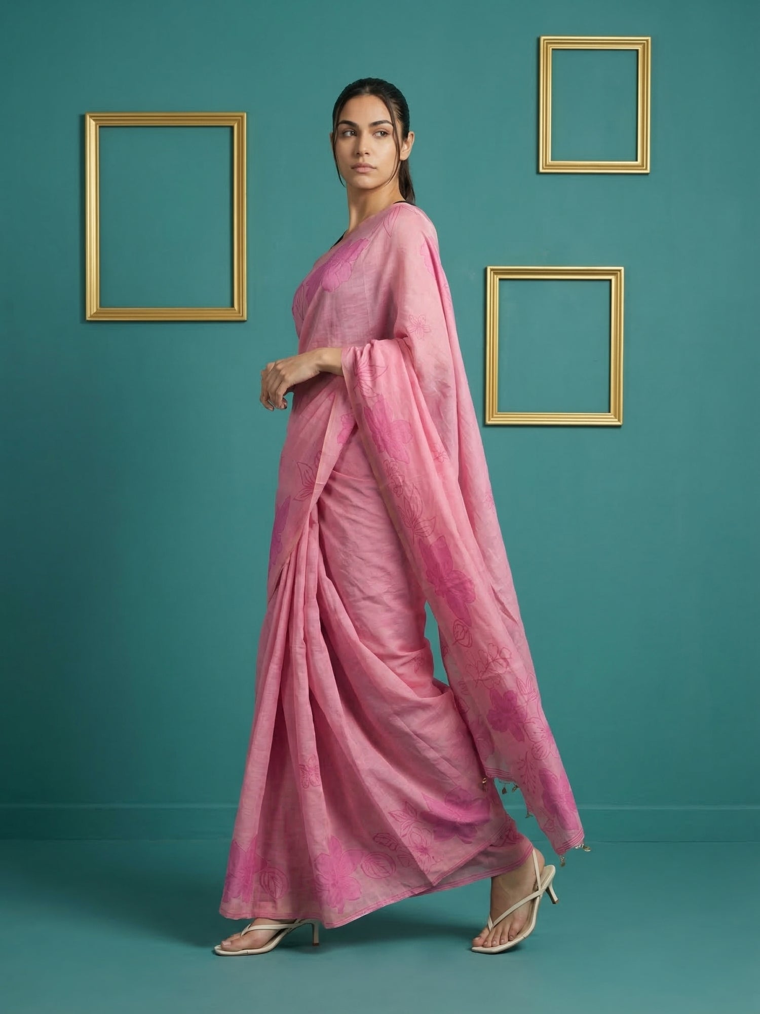 Pink Soft Muga Cotton Saree with Resham Weaving Butties & Floral Pencil Art Pallu