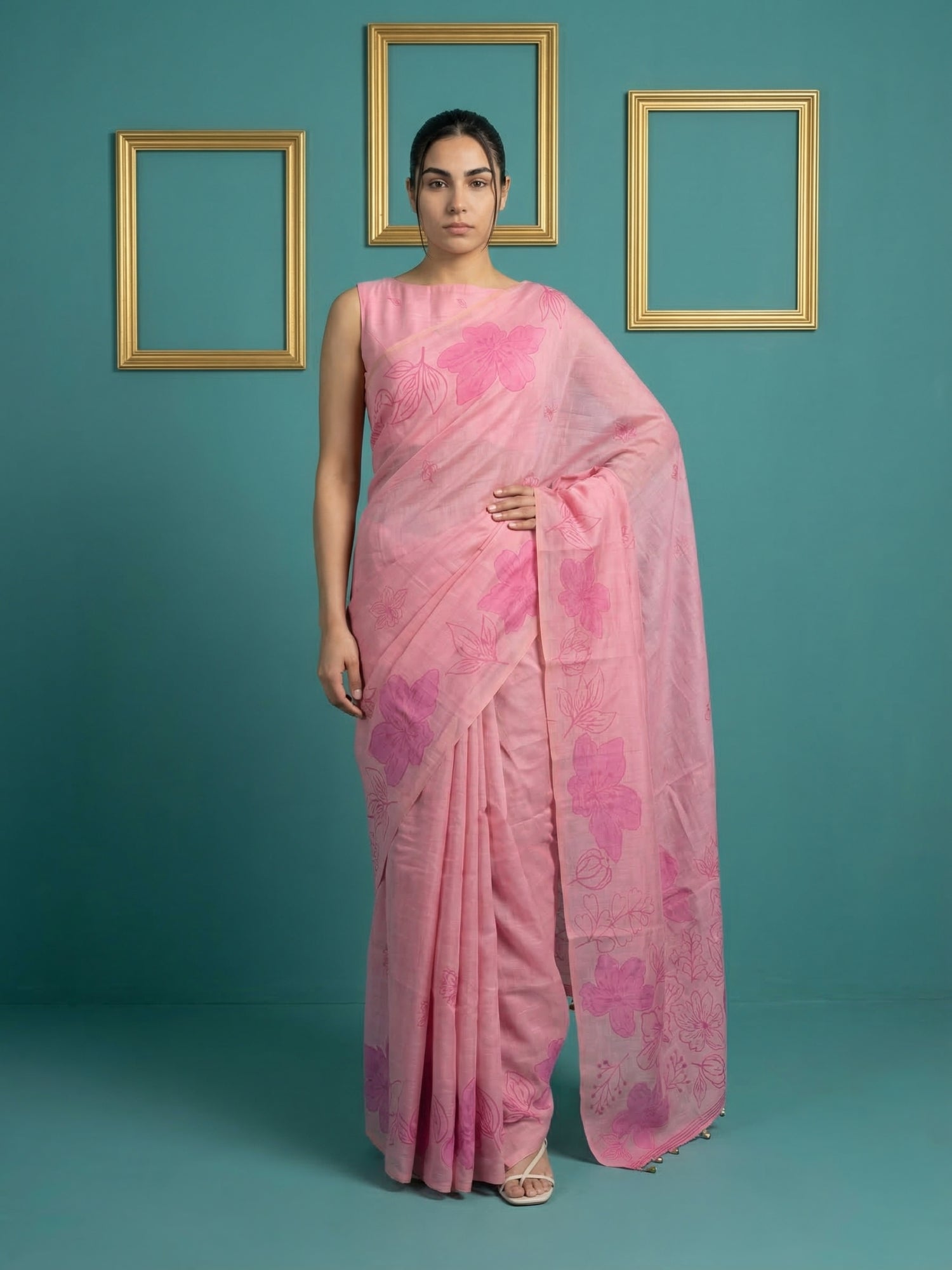 Pink Soft Muga Cotton Saree with Resham Weaving Butties & Floral Pencil Art Pallu