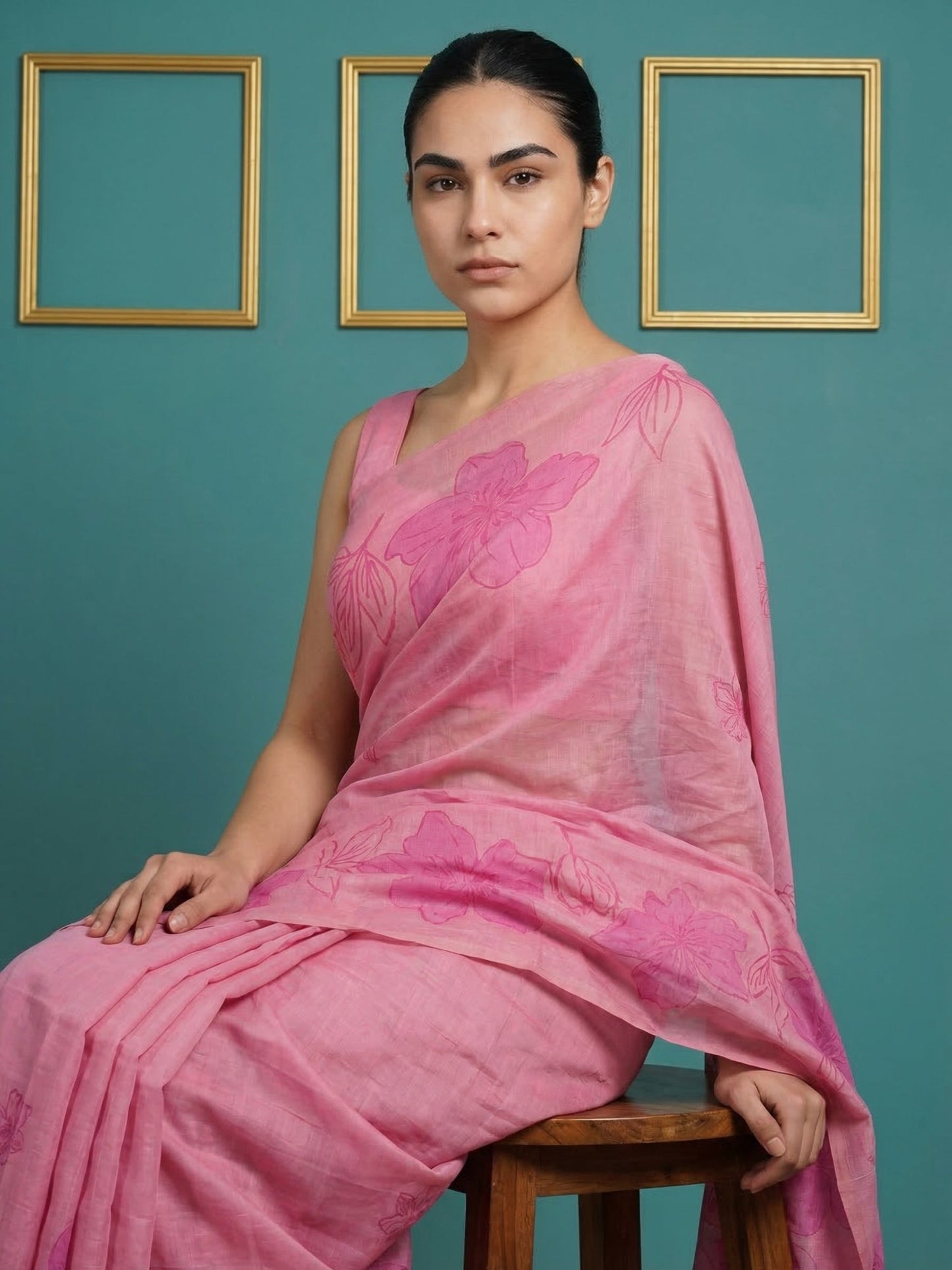 Pink Soft Muga Cotton Saree with Resham Weaving Butties & Floral Pencil Art Pallu