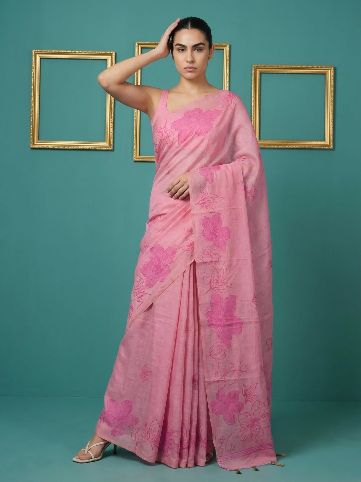 Pink Soft Muga Cotton Saree with Resham Weaving Butties & Floral Pencil Art Pallu