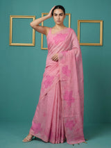 Pink Soft Muga Cotton Saree with Resham Weaving Butties & Floral Pencil Art Pallu