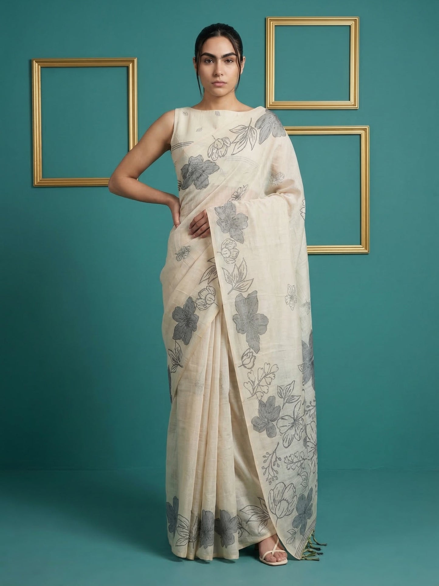 White Soft Muga Cotton Saree with Resham Weaving Butties & Floral Pencil Art Pallu