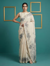 White Soft Muga Cotton Saree with Resham Weaving Butties & Floral Pencil Art Pallu
