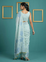 Sky Blue Soft Muga Cotton Saree with Resham Weaving Butties & Floral Pencil Art Pallu
