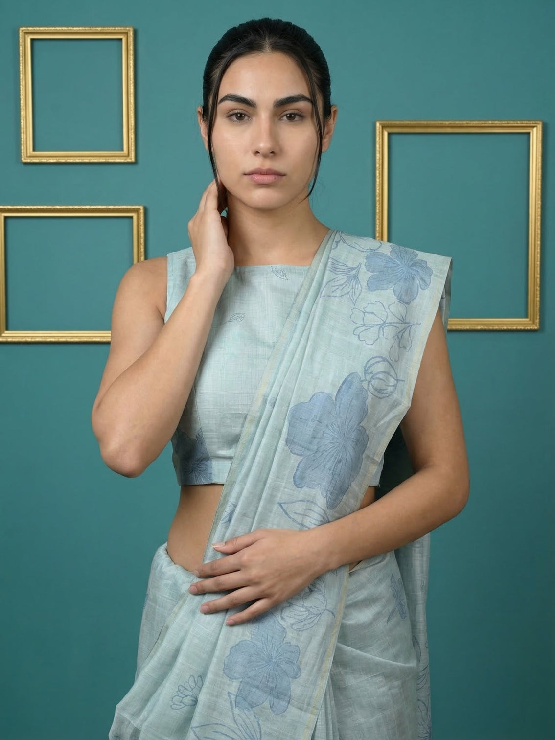 Sky blue muga cotton saree with handcrafted pencil art