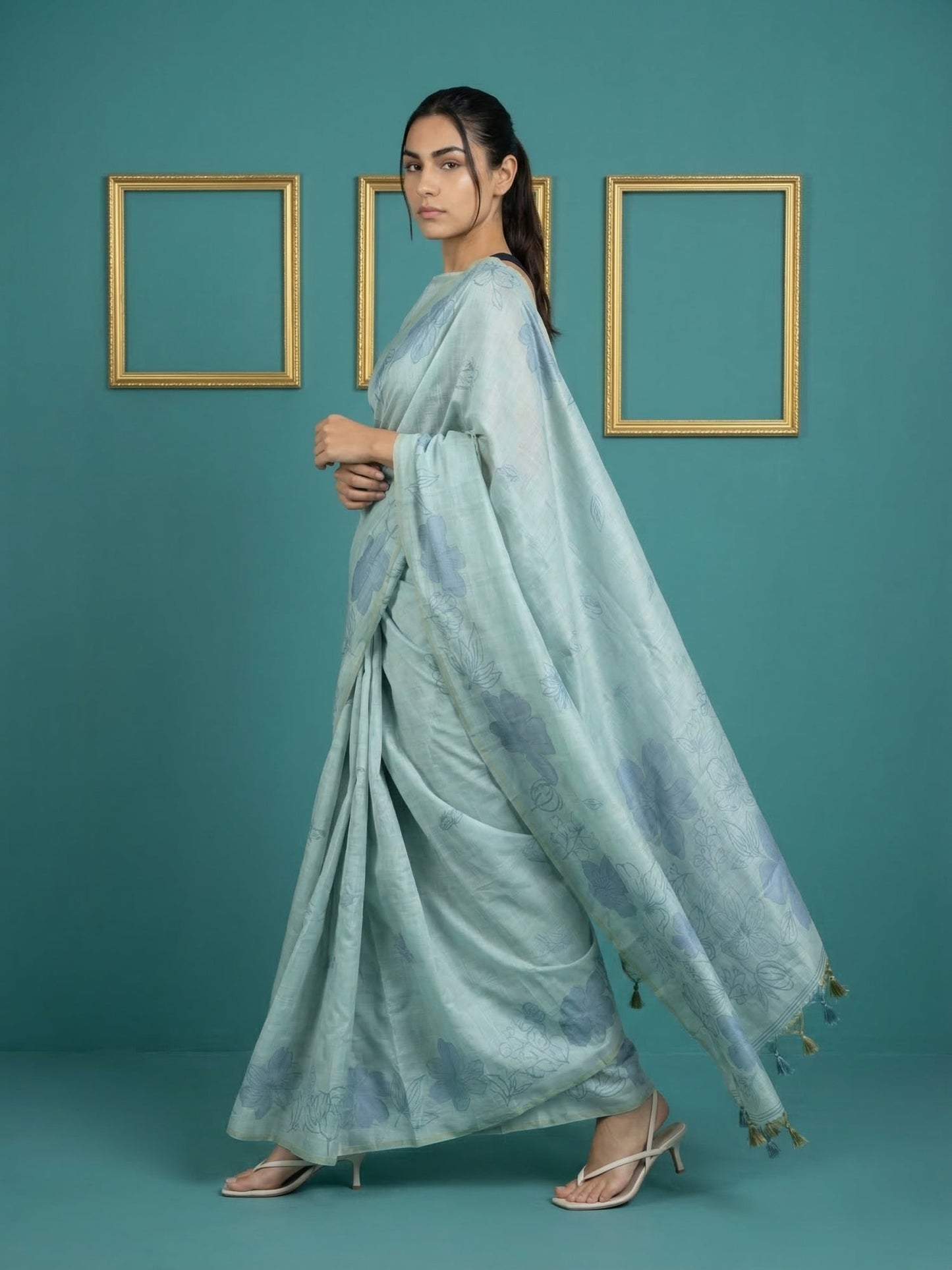 Sky Blue Soft Muga Cotton Saree with Resham Weaving Butties & Floral Pencil Art Pallu
