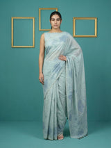 Sky Blue Soft Muga Cotton Saree with Resham Weaving Butties & Floral Pencil Art Pallu