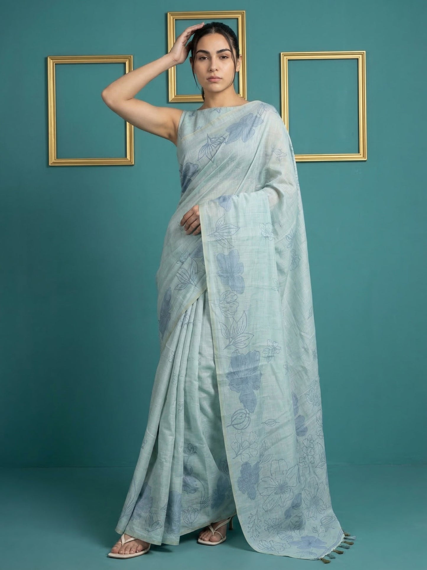 Sky Blue Soft Muga Cotton Saree with Resham Weaving Butties & Floral Pencil Art Pallu