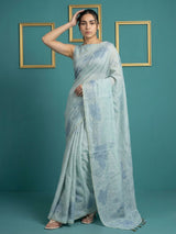Sky Blue Soft Muga Cotton Saree with Resham Weaving Butties & Floral Pencil Art Pallu
