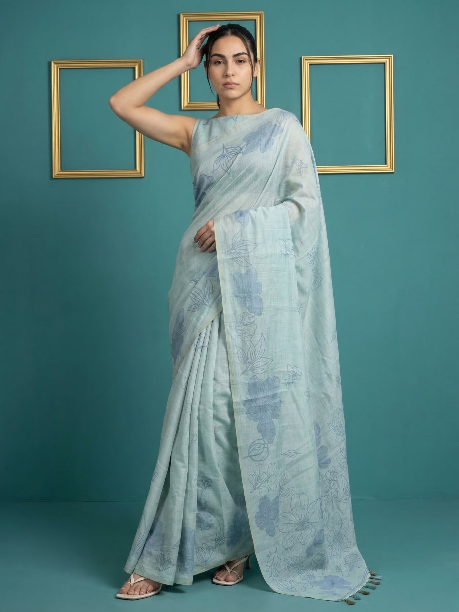 Sky Blue Soft Muga Cotton Saree with Resham Weaving Butties & Floral Pencil Art Pallu
