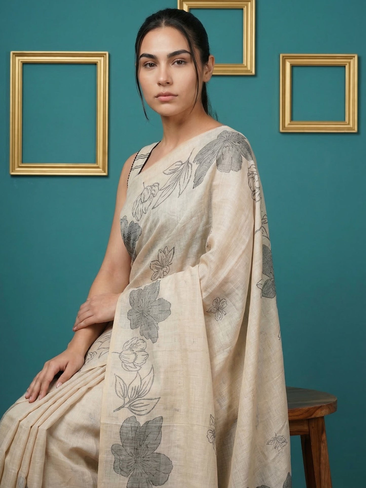 White Soft Muga Cotton Saree with Resham Weaving Butties & Floral Pencil Art Pallu