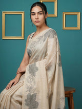 White Soft Muga Cotton Saree with Resham Weaving Butties & Floral Pencil Art Pallu