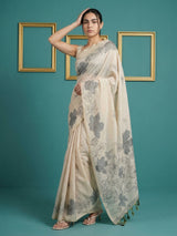 White Soft Muga Cotton Saree with Resham Weaving Butties & Floral Pencil Art Pallu