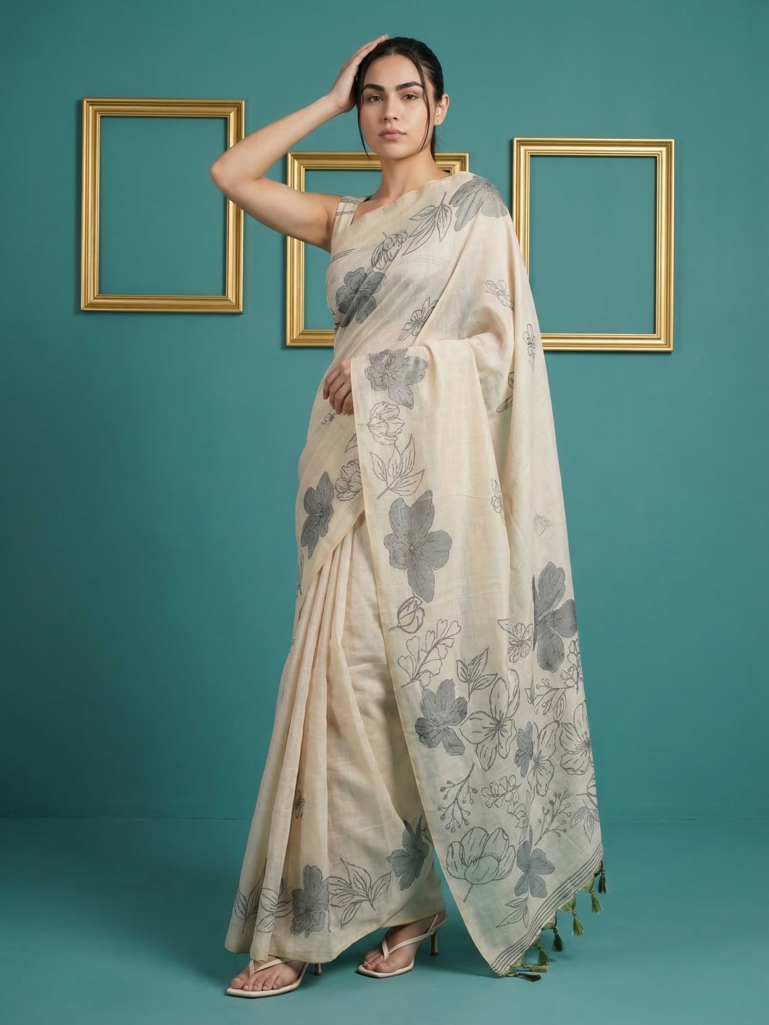 White Soft Muga Cotton Saree with Resham Weaving Butties & Floral Pencil Art Pallu