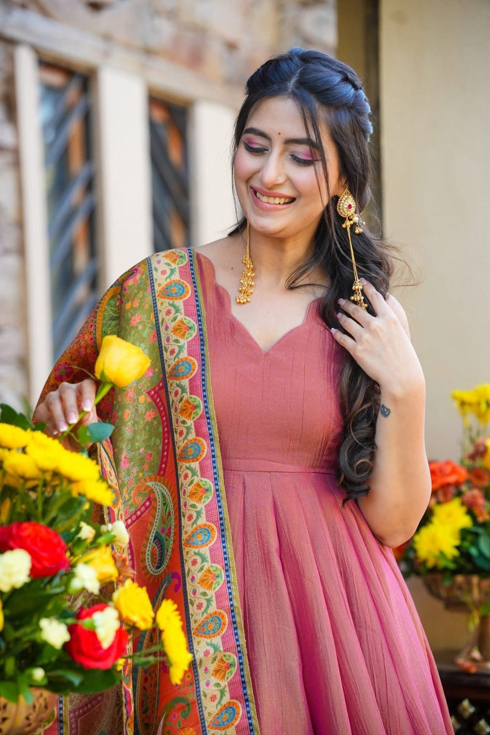 Party wear kurti set with heavy printed dupatta peach pink